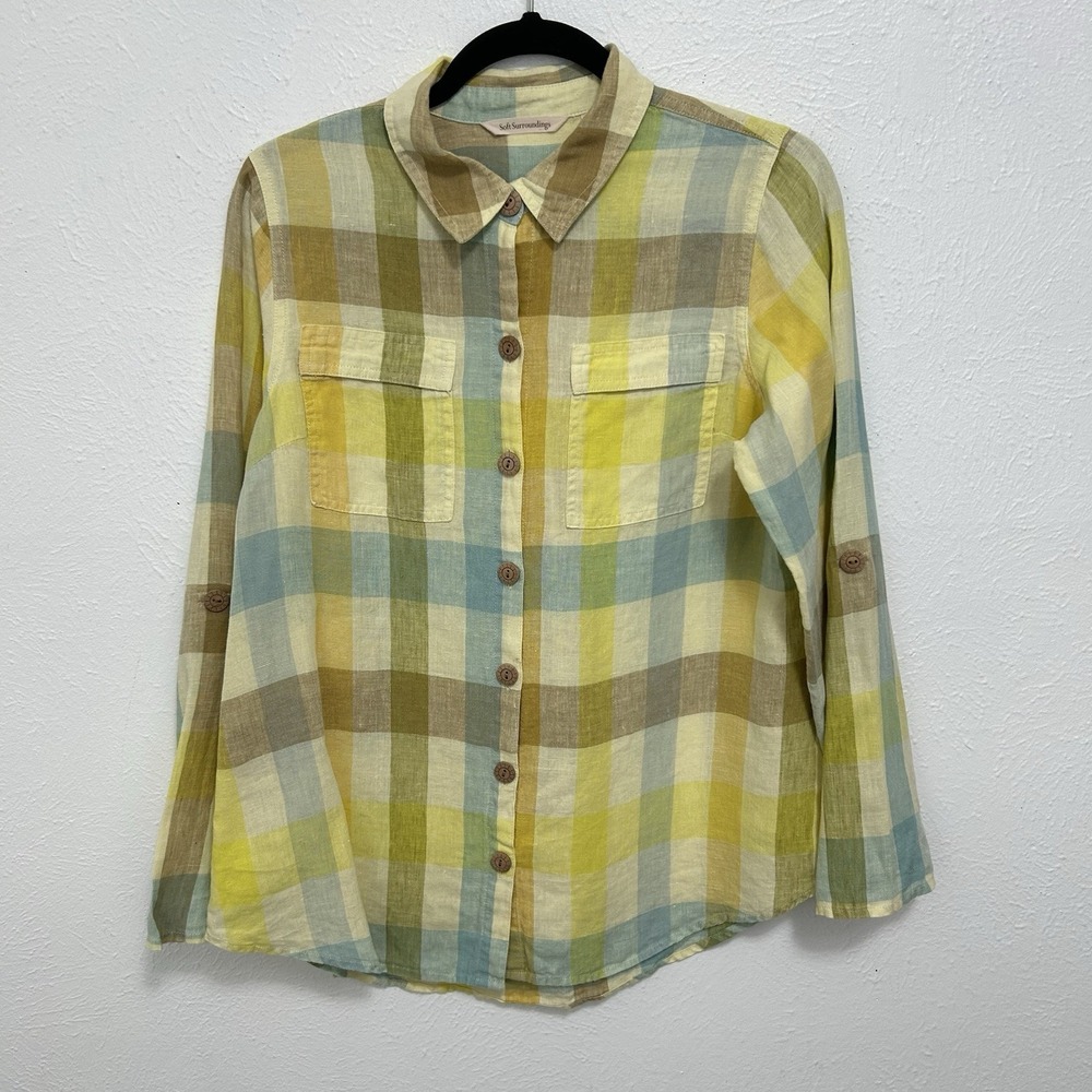 Soft Surroundings Avalon Plaid 100% Linen Button Up Shirt Sz S